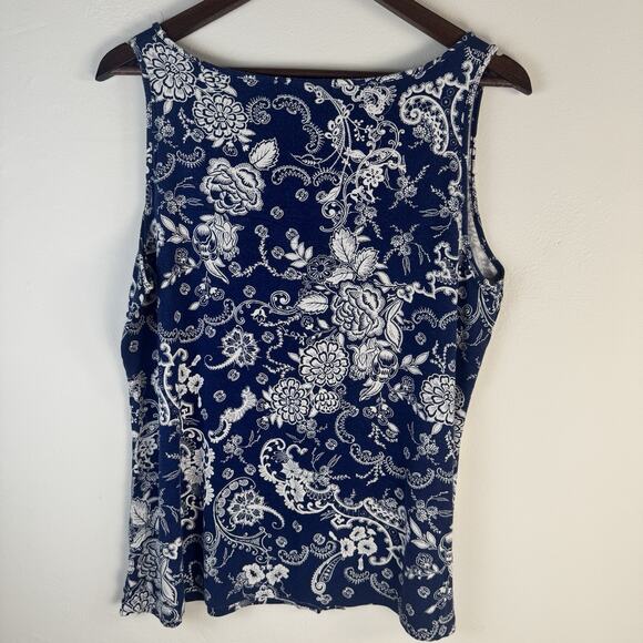 CHICO’s Sz 2(L)Navy Paisley Floral Tank Blouse Sleeveless Casual Travel Easywear - Picture 5 of 5